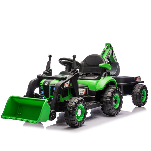 24V Ride On Electric Tractor Toy for Kids with 4 in 1 Attachments (Excavator, Dump Truck, Bulldozer), Remote Control, Bluetooth Music, Swivel Seat, LED, Electric Cars for Boys Girls Ages 3-6