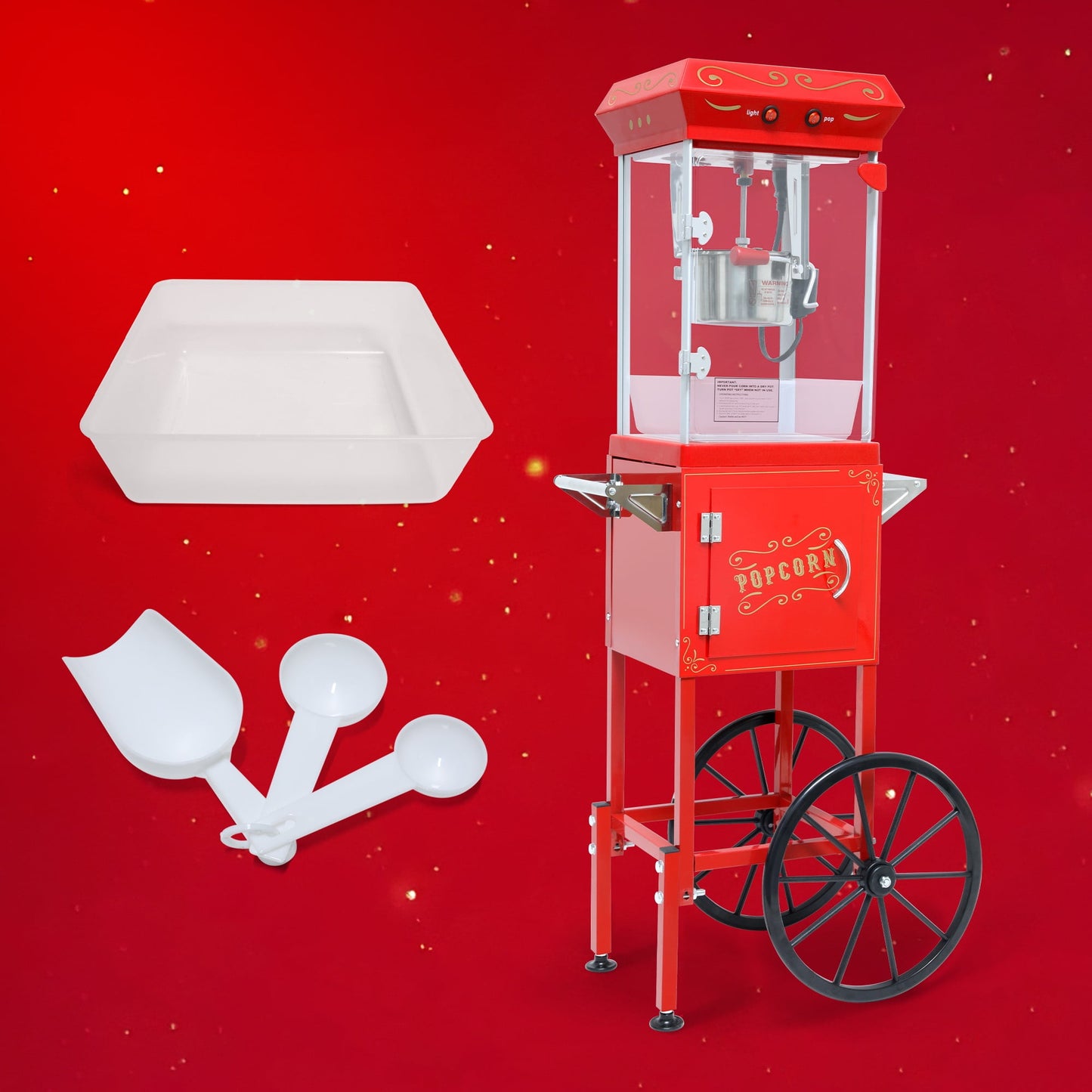 Commercial Popcorn Machine with Cart, 480W Popcorn Maker Machine, Popcorn Popper Machine with 6 oz Stainless Steel Kettle, Heated Deck, Storage Cabinet & 2 Wheels for Parties