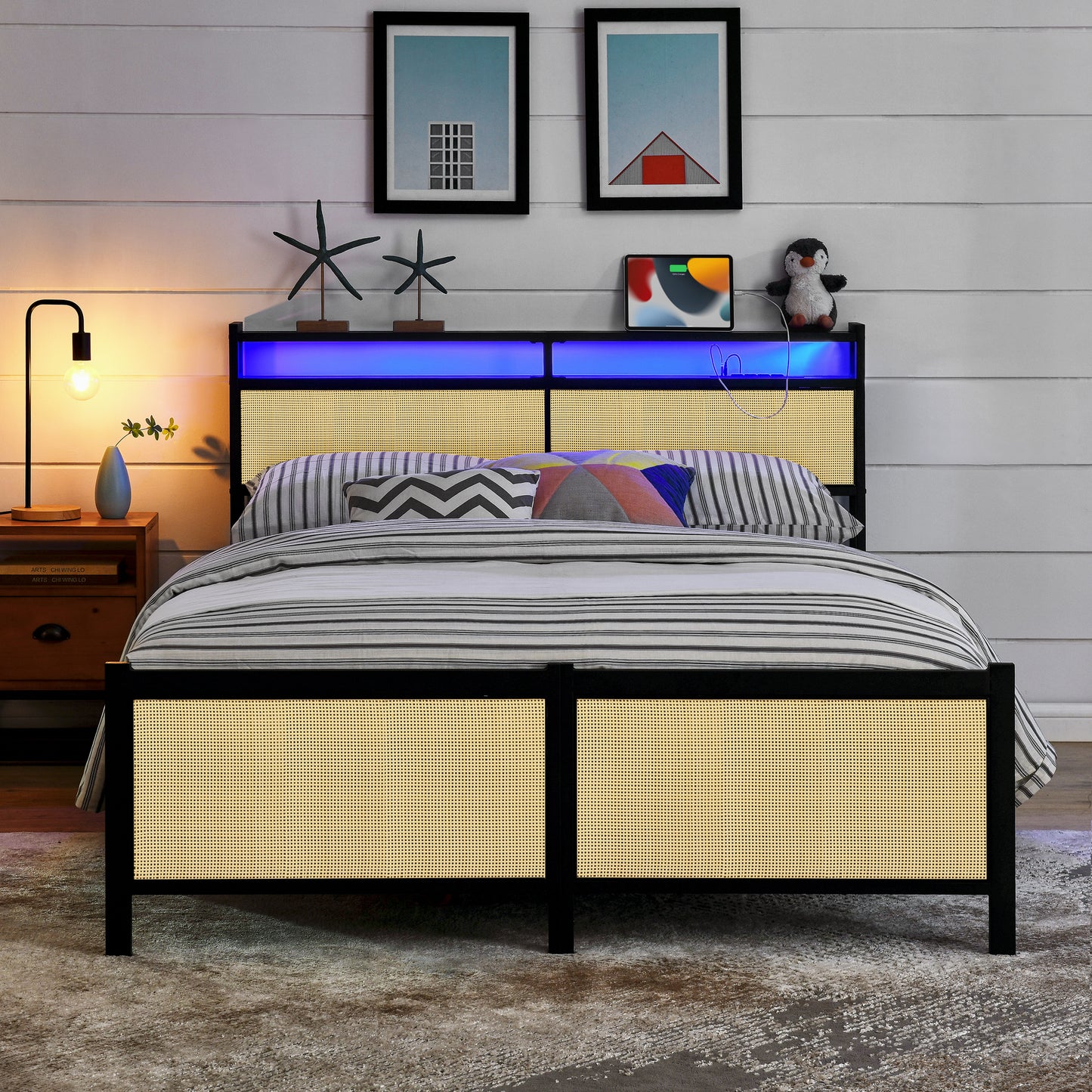 Full Size Bed Frame with LED Lights and USB Ports, Metal Platform Bed Frame with Rattan Storage Headboard, Modern Industrial Full Bed Frame for Adults Kids, No Box Spring Needed, Black