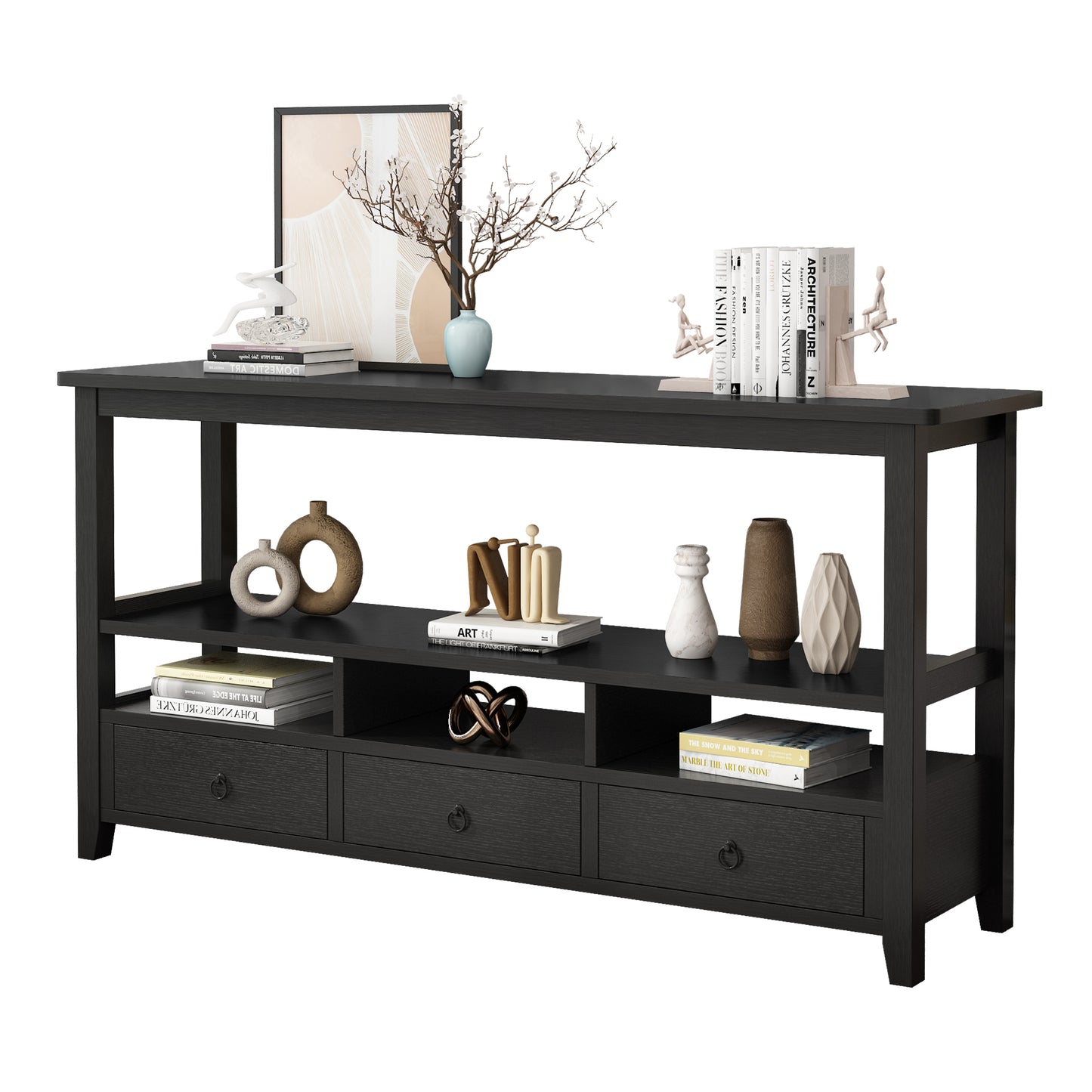 SESSLIFE Console Table with Drawers and Shelves, Narrow Entryway Console Table with Storage, Black Industrial Sofa Table for Living Room, Hallway, Behind Couch