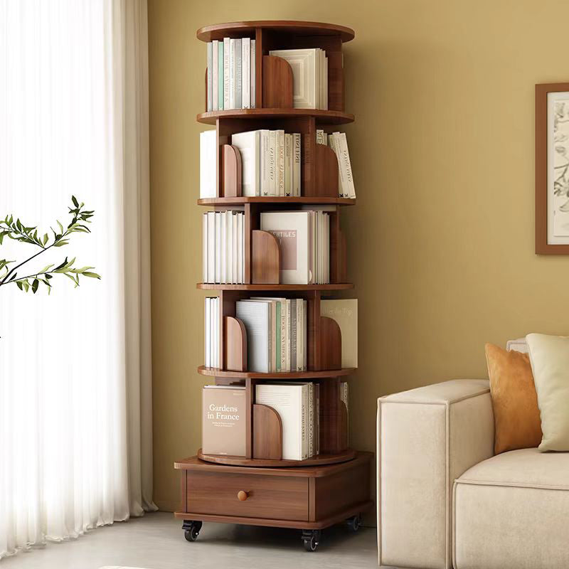 SESSLIFE 6 Tier Rotating Bookshelf, 360° Spinning Corner Bookcase for Small Space, Tall Narrow Wood Book Storage with Wheels, Space Saving Organizer for Living Room, Walnut