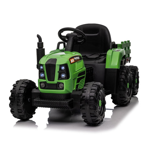 24V Kids Electric Tractor with Trailer with Remote Control, 3-Speed Adjustable Ride-On Toy, Two-point safety belt, MP3, Bluetooth Music & LED Lights for Ages 3+