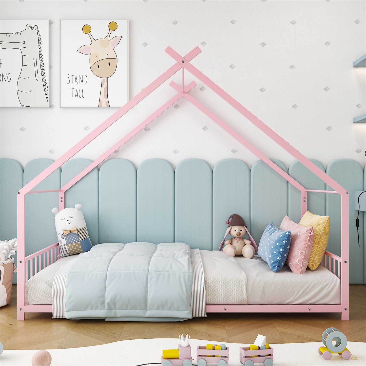 SESSLIFE Twin Size House Bed, Metal Floor Bed Frame with Roof and Guardrail, Montessori Floor Bed for Bedroom, House-shaped Design, No Box Spring Needed, Easy Assembly, White