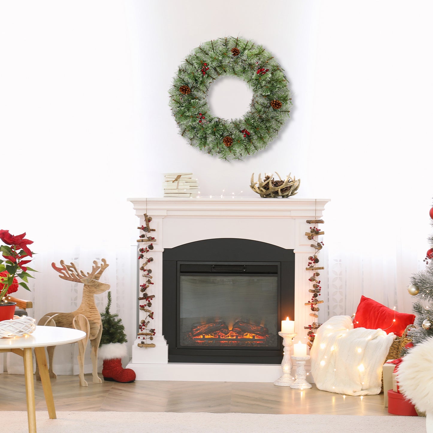 SESSLIFE 2Pcs Christmas Wreath, 24 Inch Pre-Lit Artificial Xmas Wreaths with 100 Warm White LEDs and Pine Cones, Battery Powered Artificial Wreaths for Indoor and Outdoor Decor