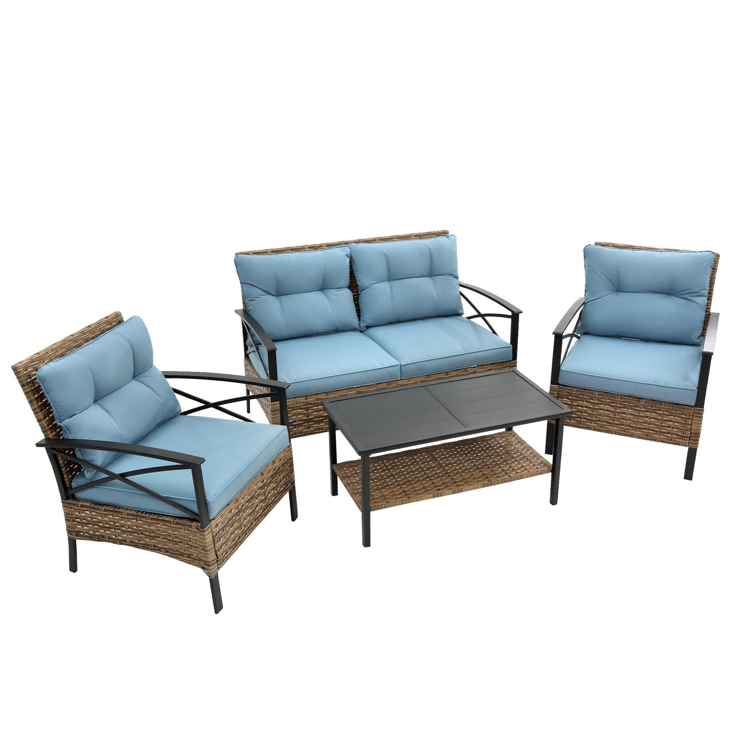 4 Pieces Patio Conversation Sofa Set, Outdoor Sectional Rattan Wicker Furniture w/4 Back & 4 Seat Cushions for Deck Porch Poolside, Gray