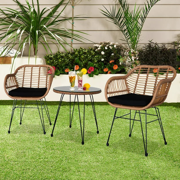 Sesslife 3-Piece Porch Furniture Sets, Small Outdoor Wicker Rattan Patio Bistro Set, Black Cushioned Patio Chairs Set of 2 w/Glass Table for Lawn Garden Backyard Patio Conversation Set