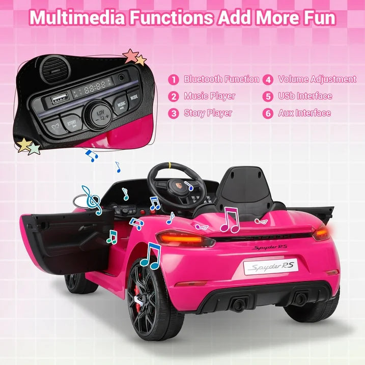 12V Kids Ride on Toys with Remote Control, Porsche Sports Ride on cars W/4 Wheels Suspension, Bluetooth, Music Player, LED Lights, Trailer Wheels, Soft Start,12V Electric Car for Girls Boys, Pink