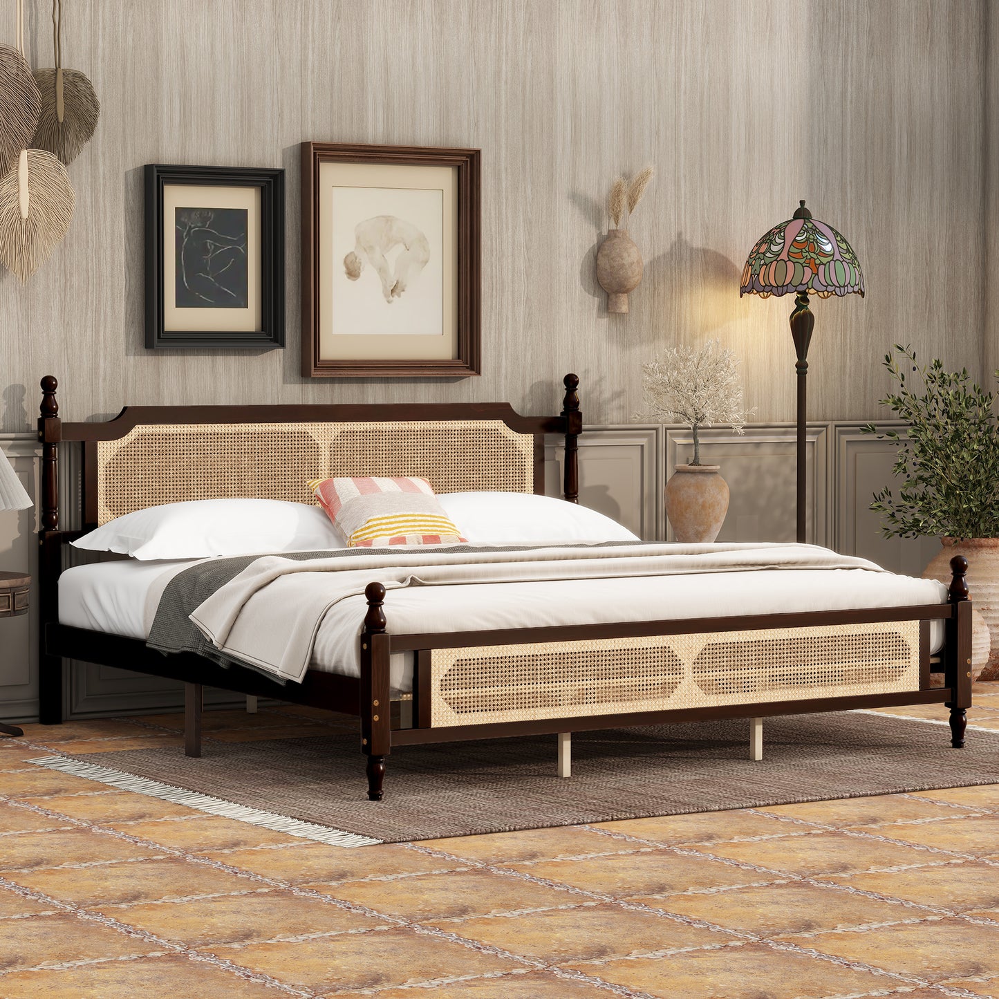 King Platform Bed Frame, Wood King Size Bed Frame with Rattan Headboard, Modern Bed Frame King with Central Enhanced for Adults, No Box Spring Needed, Walnut