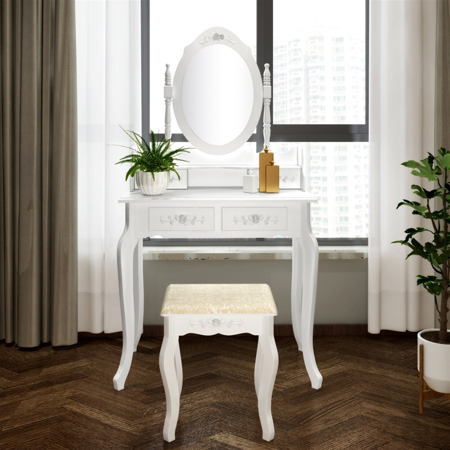 SESSLIFE Classic Vanity Desk with Stool and Mirror, White Dressing Table with 4 Drawers and Storage, Compact Makeup Vanity Desk for Small Space, Apartment, Bedroom