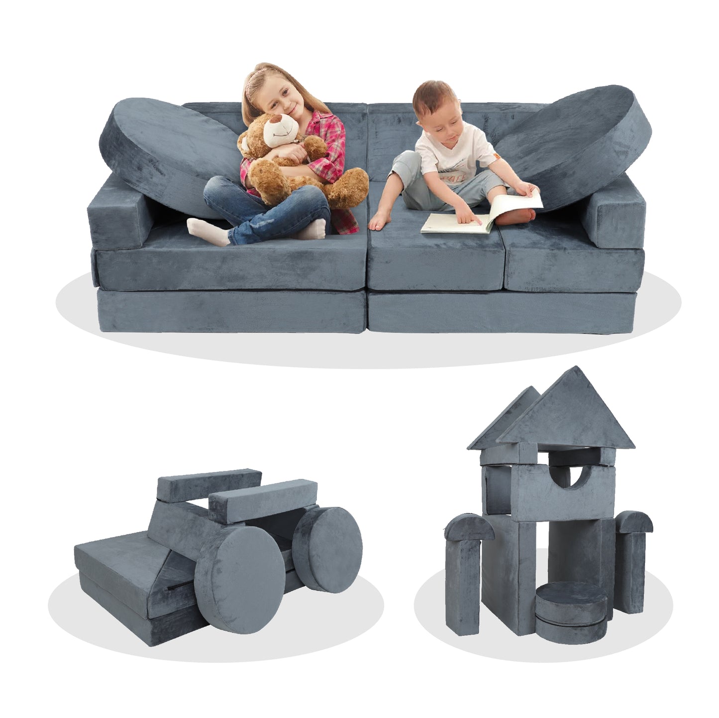 14 PCS Kids Sofa Couch, Foam Modular Kids Play Couch for Boys Girls, DIY Creativing Playroom Sofa, Modern Convertible Floor Sofa for Toddlers Room, Bedroom, Blue