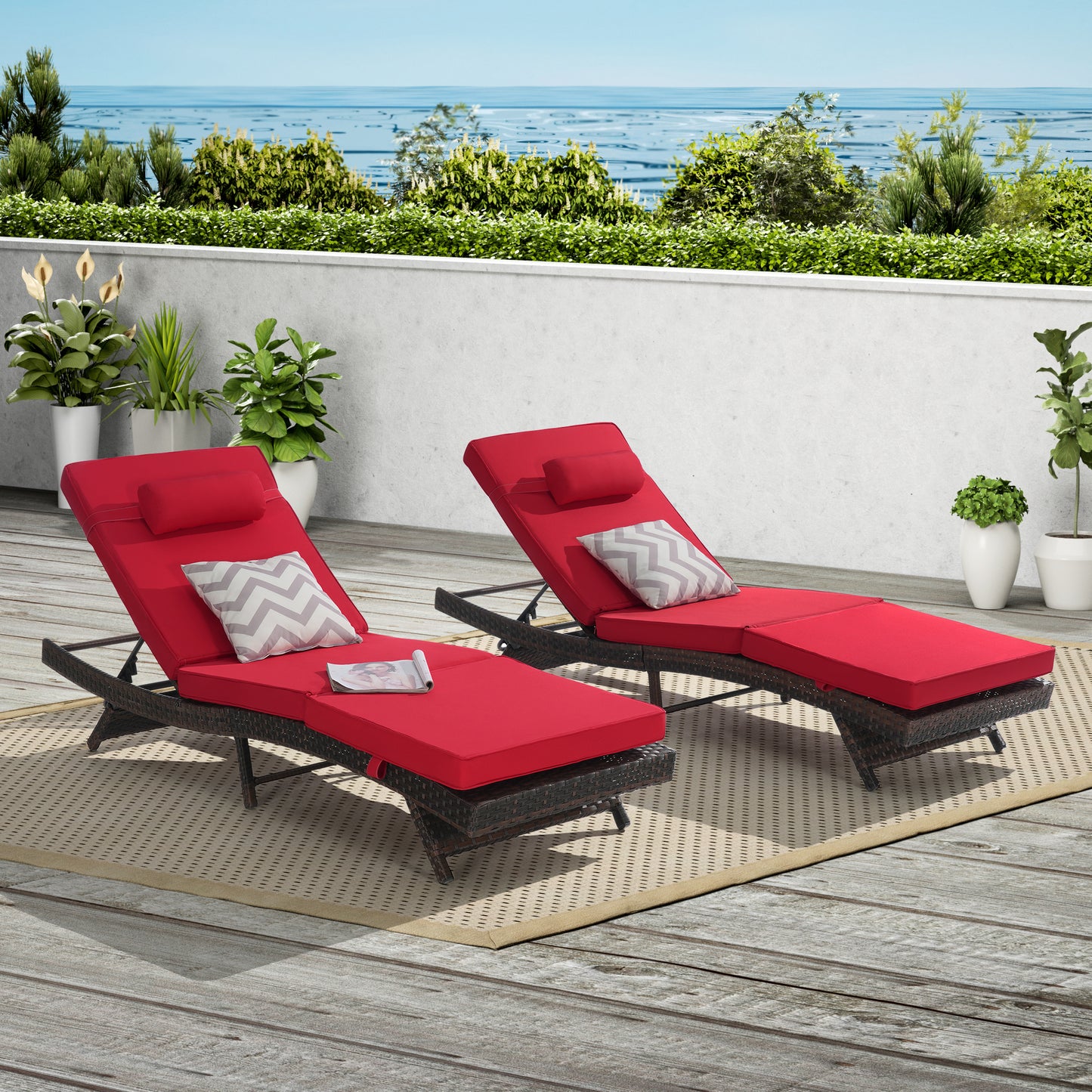 Outdoor Chaise Lounge Chair Set of 2, Wicker Outdoor Lounger Recliner with Cushions and 5-Level Adjustment Backrest, Modern Patio Lounge Chair for Poolside, Garden, Dark Grey