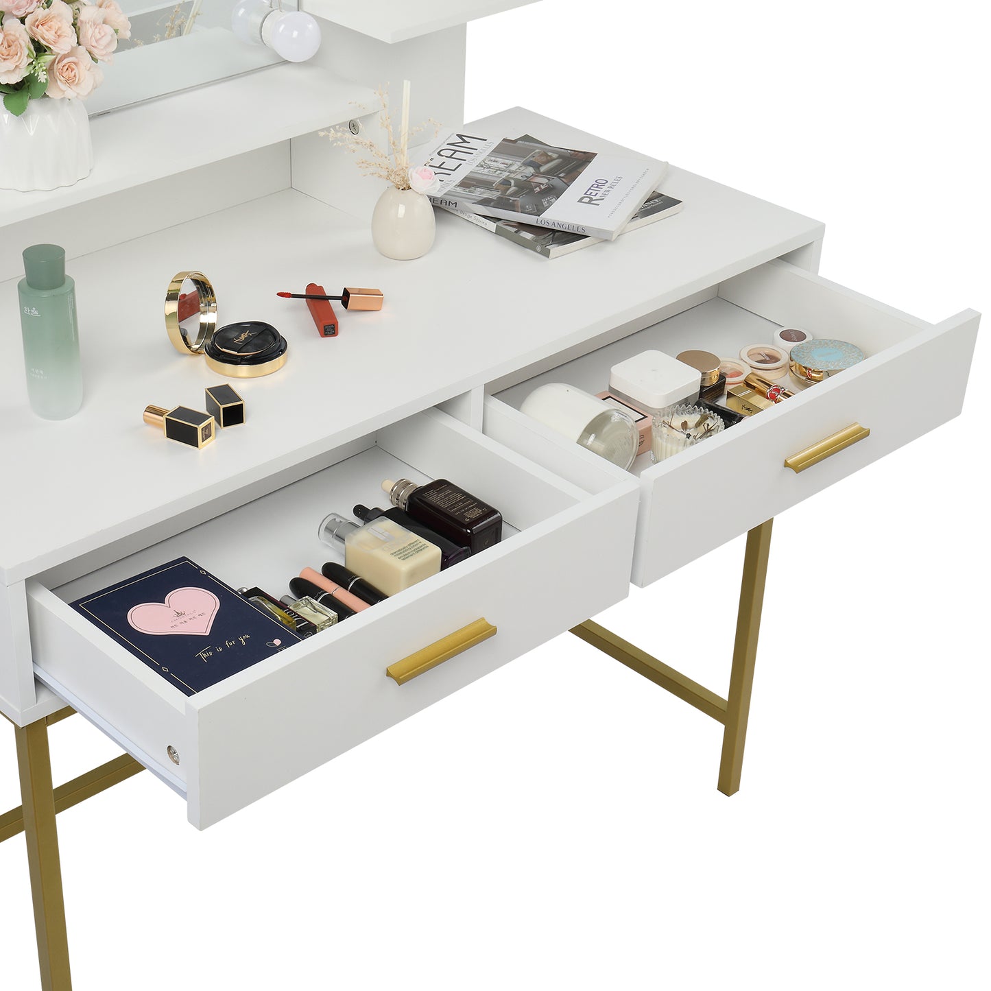 SESSLIFE Makeup Vanity Set with Mirror and Lights, White Makeup Vanity with Drawers and Storage, Hollywood Lighted Dressing Table with Stool, Vanity Desk for Women
