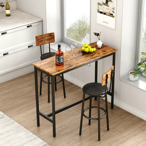 Sesslife 3-Piece Counter Height Table Set with 2 Bar Stools, Rustic Brown Bar Dining Set, Counter Height Kitchen Table for Dining, Work or Study