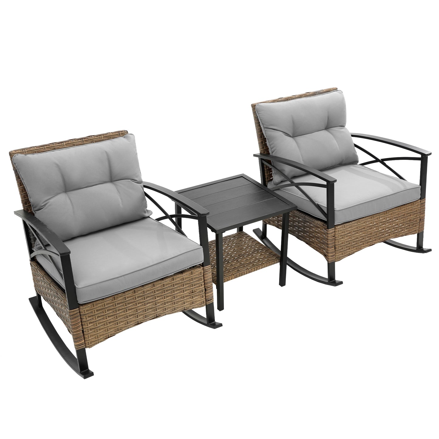 3-Piece Patio Rocking Rattan Set, Outdoor Wicker Rattan Furniture Set w/2 Back Cushions, 2 Seat Cushions, Deck Porch Poolside Furniture Table Set for 2, Blue