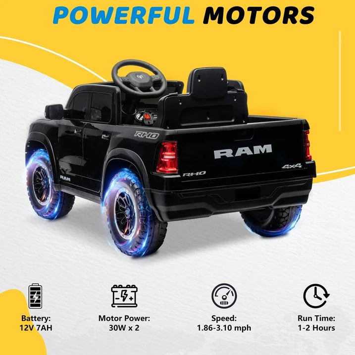 Ride on Car Toys for Kids, Ram 1500 Ride on Truck Toy with Remote Control, 4 Wheels Suspension Electric Car for Boys Girls 3-6 W/Key Switch, Bluetooth, Rear Storage Trunk, Safety Belt