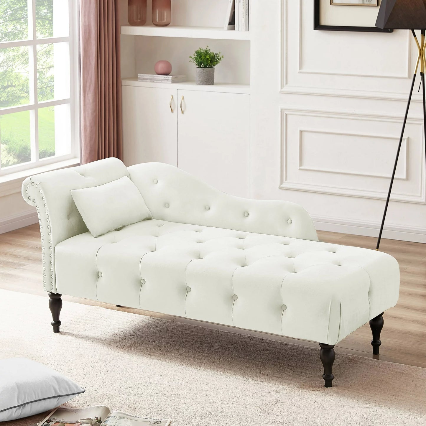 Sesslife 60.6" Velvet Chaise, Left Arm Design Lounge Sofa, Reclining Chair Solid Wood Legs with 1 Pillow for Living Room Bedroom Apartment(Pink)