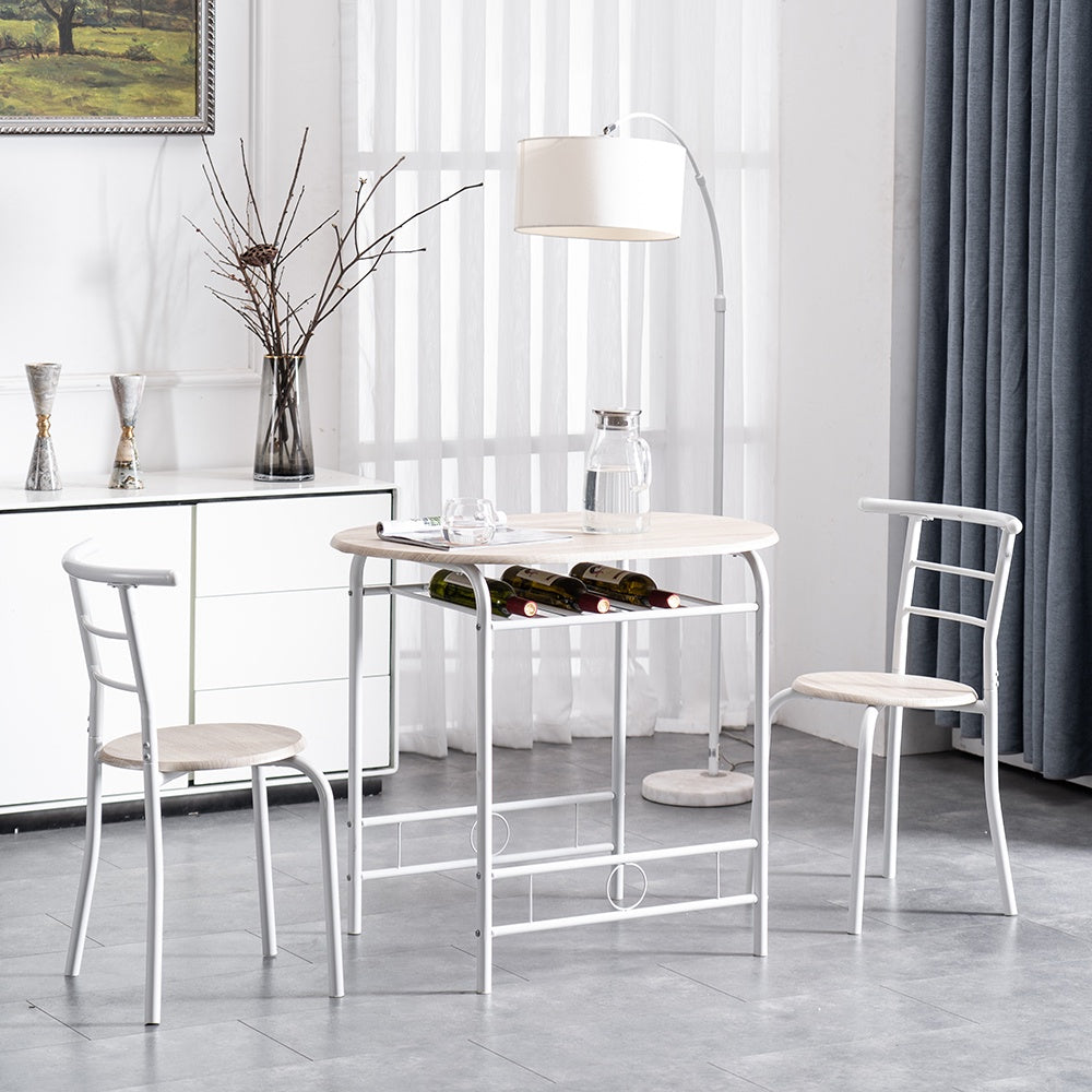 3 Piece Dining Table Set, Small Kitchen Table Set for 2, Wooden Pub Table Set with Metal Frame and Shelf Storage, Couple Breakfast Nook Bistro Sets, White