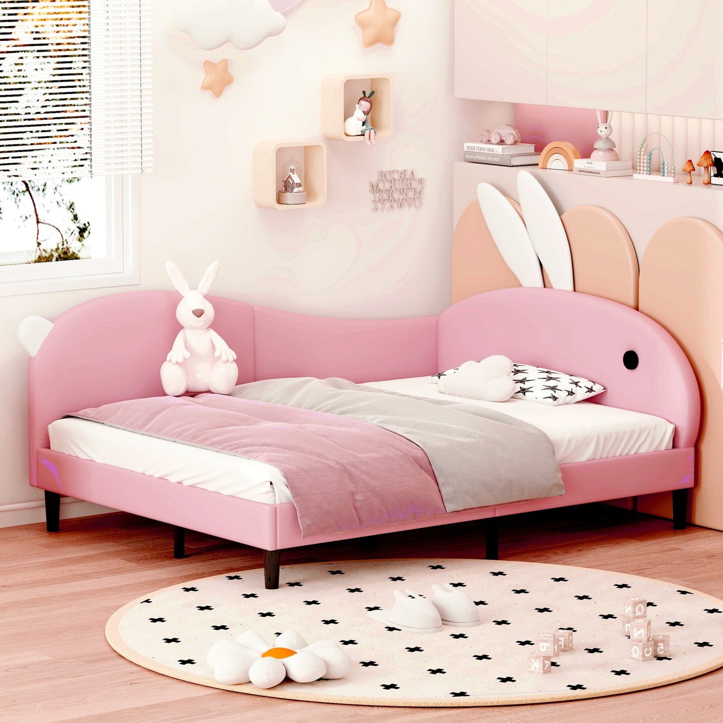 Sesslife Twin Daybed Frame, Cute Rabbit-Shape Kids Bed with Rabbit Ear Headboard, PU Upholstered Bed Twin Size for Boys Girls, Wood Platform Bed with Strong Slats Support, Easy Assembly, Pink