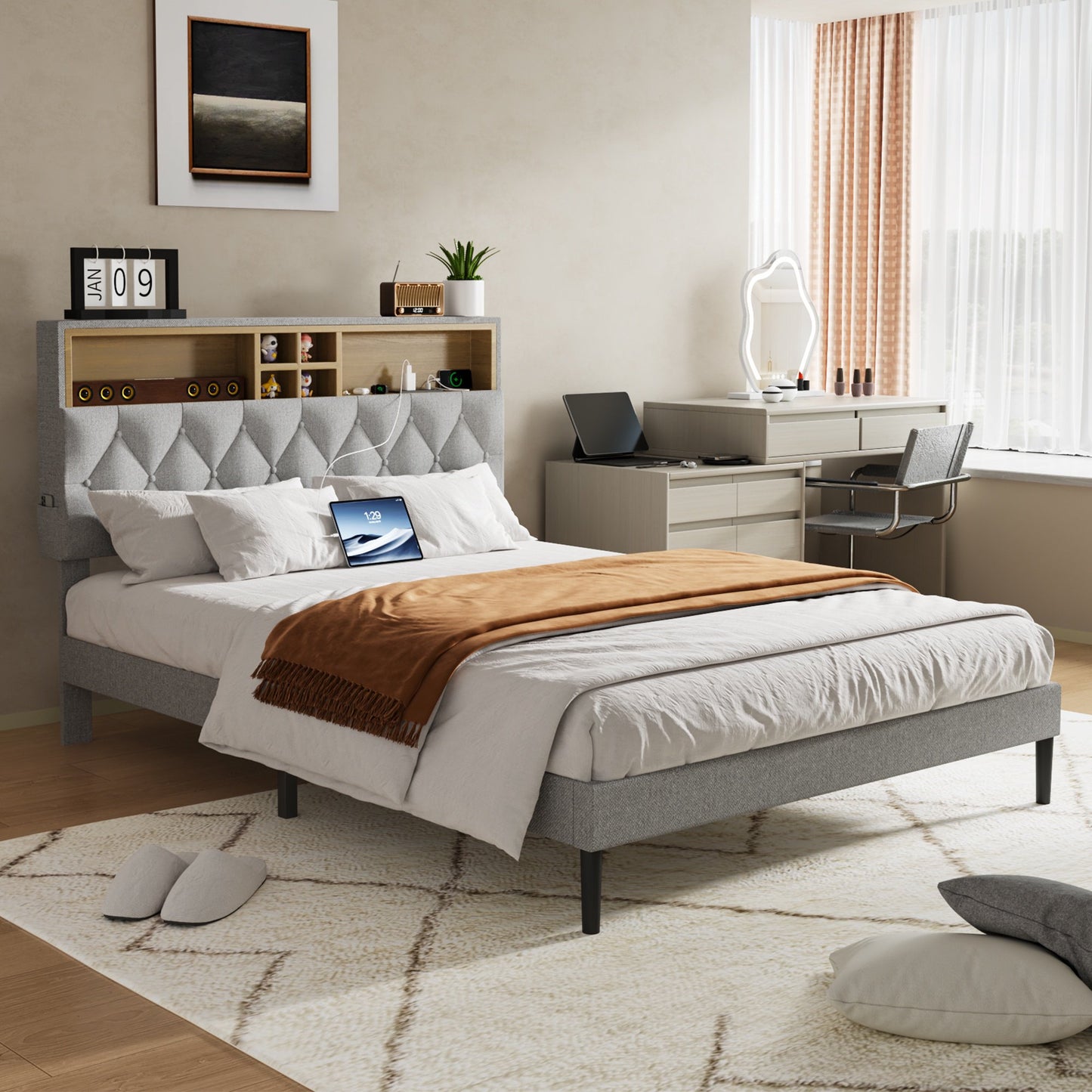 Sesslife Queen Bed Frame with Adjustable Storage Headboard, Upholstered Platform Bed with Charging Station and 2 Side Pockets, Strong Wood Slats Support, Noise Free, No Box Spring Needed, Gray