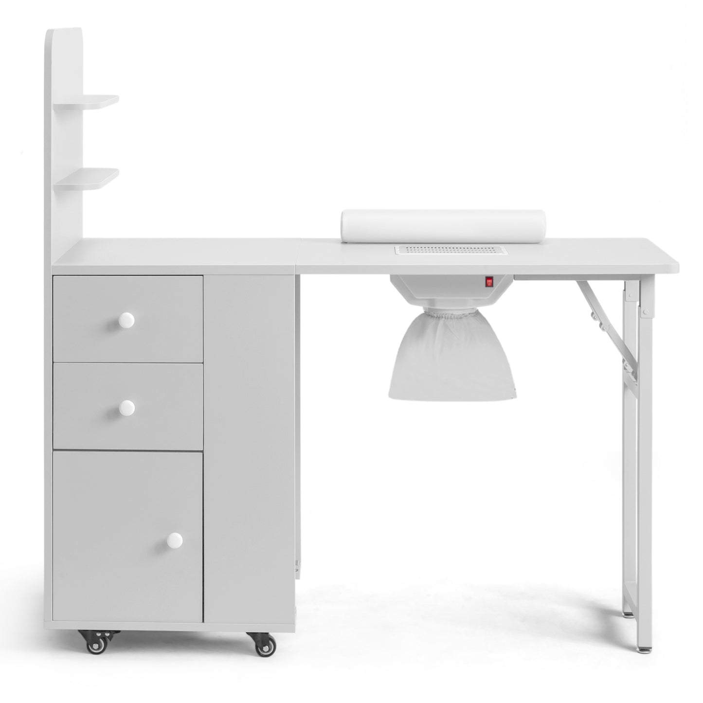 SESSLIFE Mobile Vanity Desk with 2 Drawers, Foldable Manicure Station with Cabinet Door and Storage Shelf, Portable Nail Tech Table for Home Salon and Professional Use, White