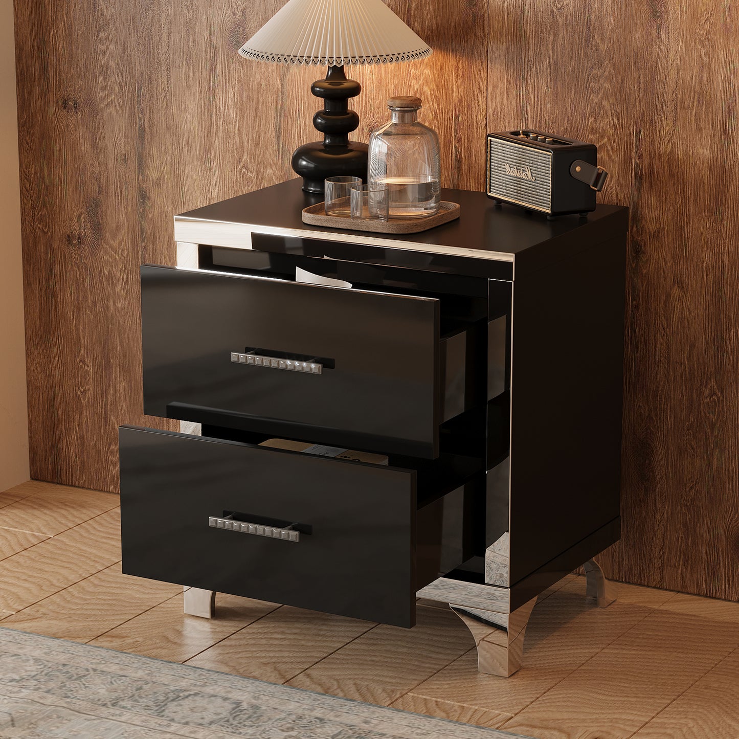 SESSLIFE Nightstand Modern High Gloss Design, Mirrored Bedside Table with 2 Drawers, Sturdy MDF Black Nightstand, Compact Side Table for Bedroom, Living Room and Apartment