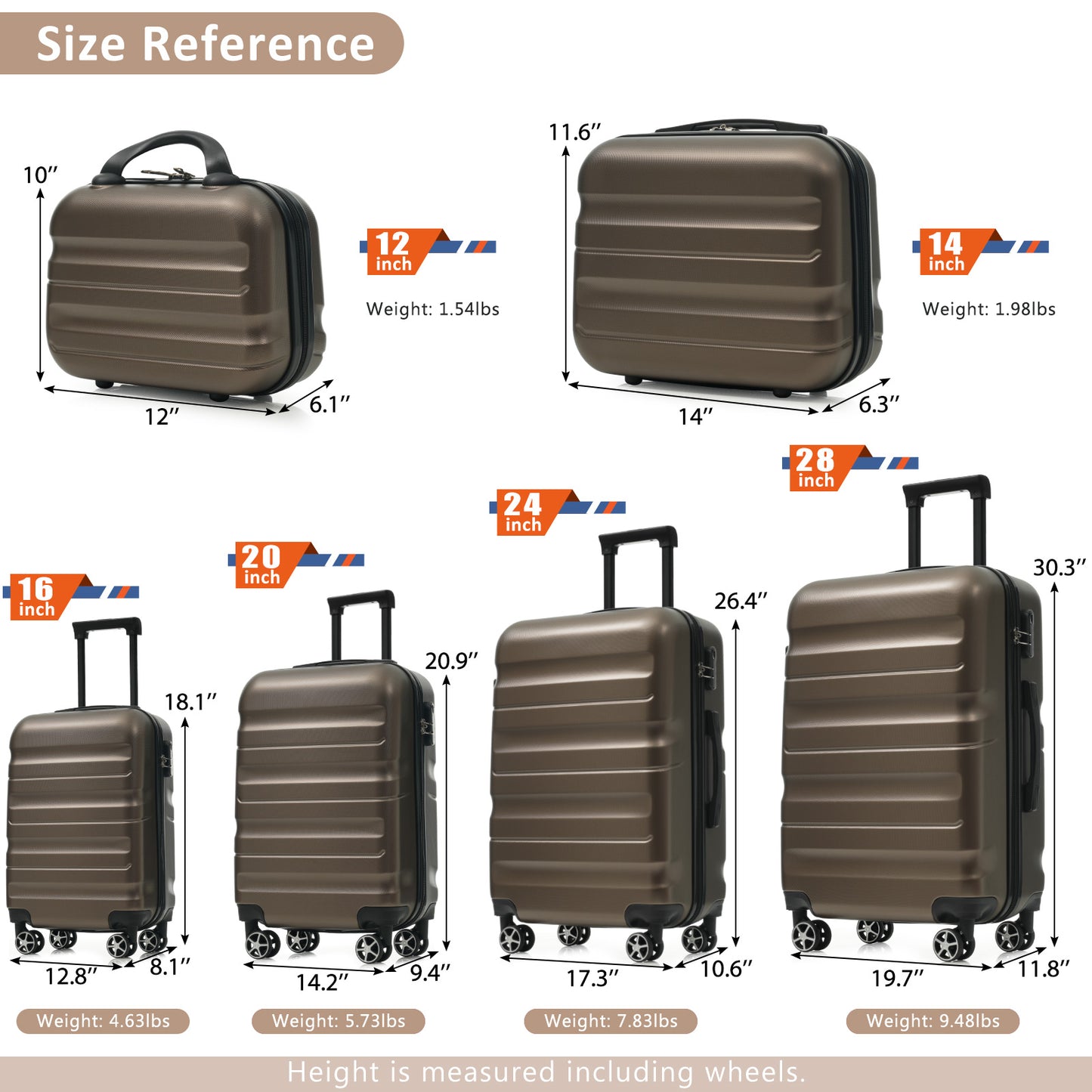 SESSLIFE 6 Piece Hardshell Luggage Set, Lightweight ABS Luggage with Spinner Wheels, 12" to 31" Carry On and Checked Luggage for Family Travel, Business Trips, Nestable Storage, Brown