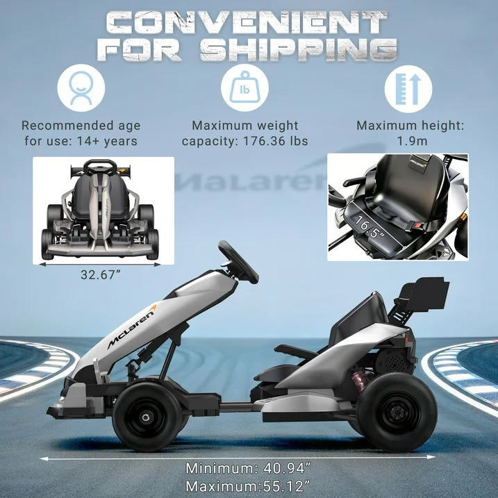 48V McLaren Go Kart for Teens & Adults, 750W Brushless Motor 24 km/h, Hydraulic Disc Brake, 3 Levels Adjustable Chassis, Foldable Design, 4 Wheel Suspension Electric Go Cart Ride On Toy (Silver)