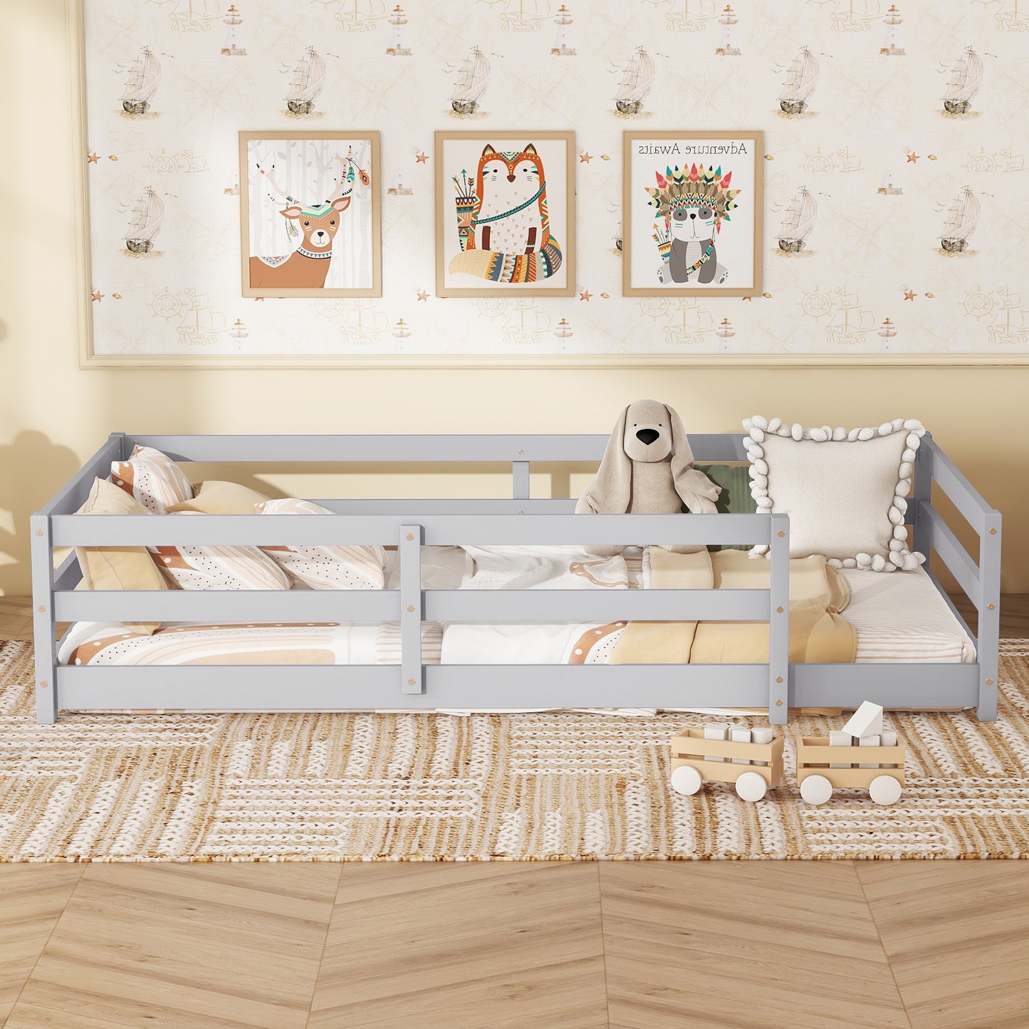 Twin Size Floor Bed, Wood Montessori Floor Bed with Fence and Guardrails, Toddler Bed Frame for Kids, Boys, Girls, No Box Spring Needed, White