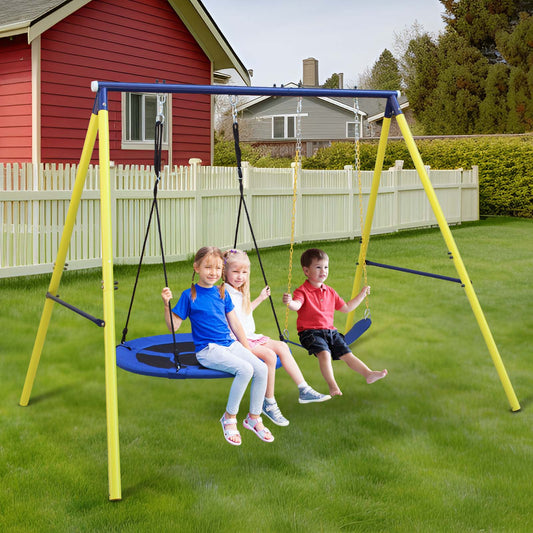 CASEMIOL Outdoor Swing Game, 440 Pound Swing Set with Saucer and Belt, Outdoor Game Set for Children from 3 to 8 Years for Backyard, Children's Park, Blue and Yellow
