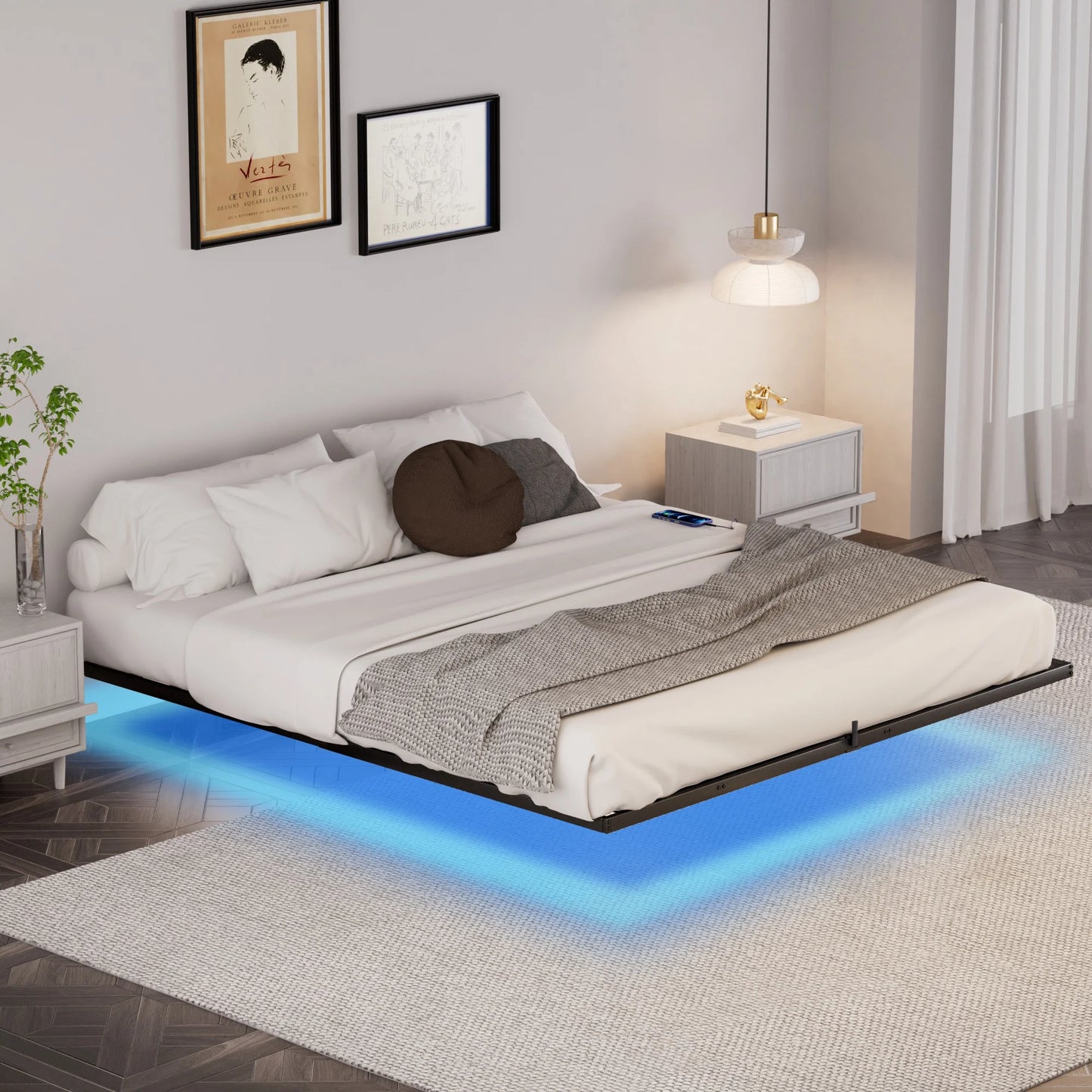 Sesslife Floating Bed Frame with LED Lights, Queen Size Metal Bed Frame with Side Pocket and Charging Station, Platform Bed Frame with Mattress Slide Stoppers, No Box Spring Needed, Black