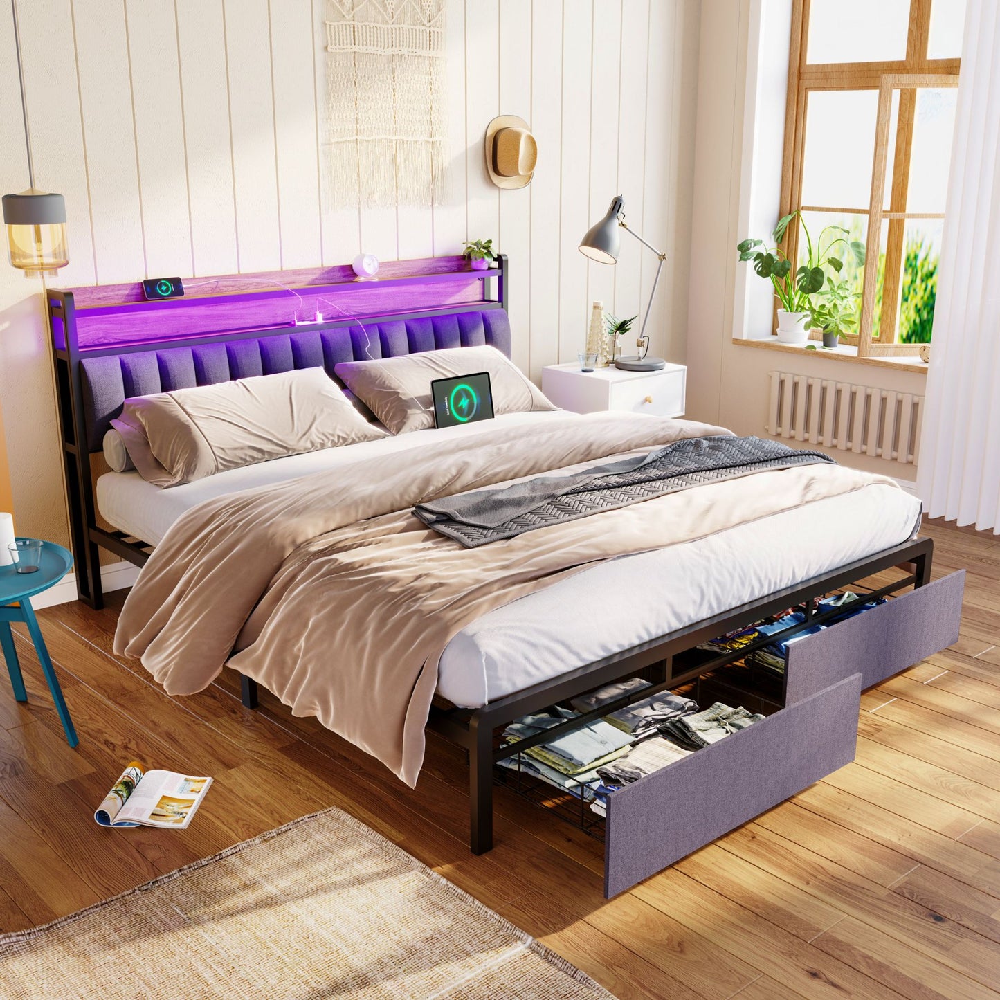 Sesslife LED Bed Frame Queen Size, Upholstered Platform Bed with 2 Tier Headboard and Charging Station, Heavy Duty Queen Bed Frames with 2 Storage Drawers for Living Room, No Box Spring Needed, Gray