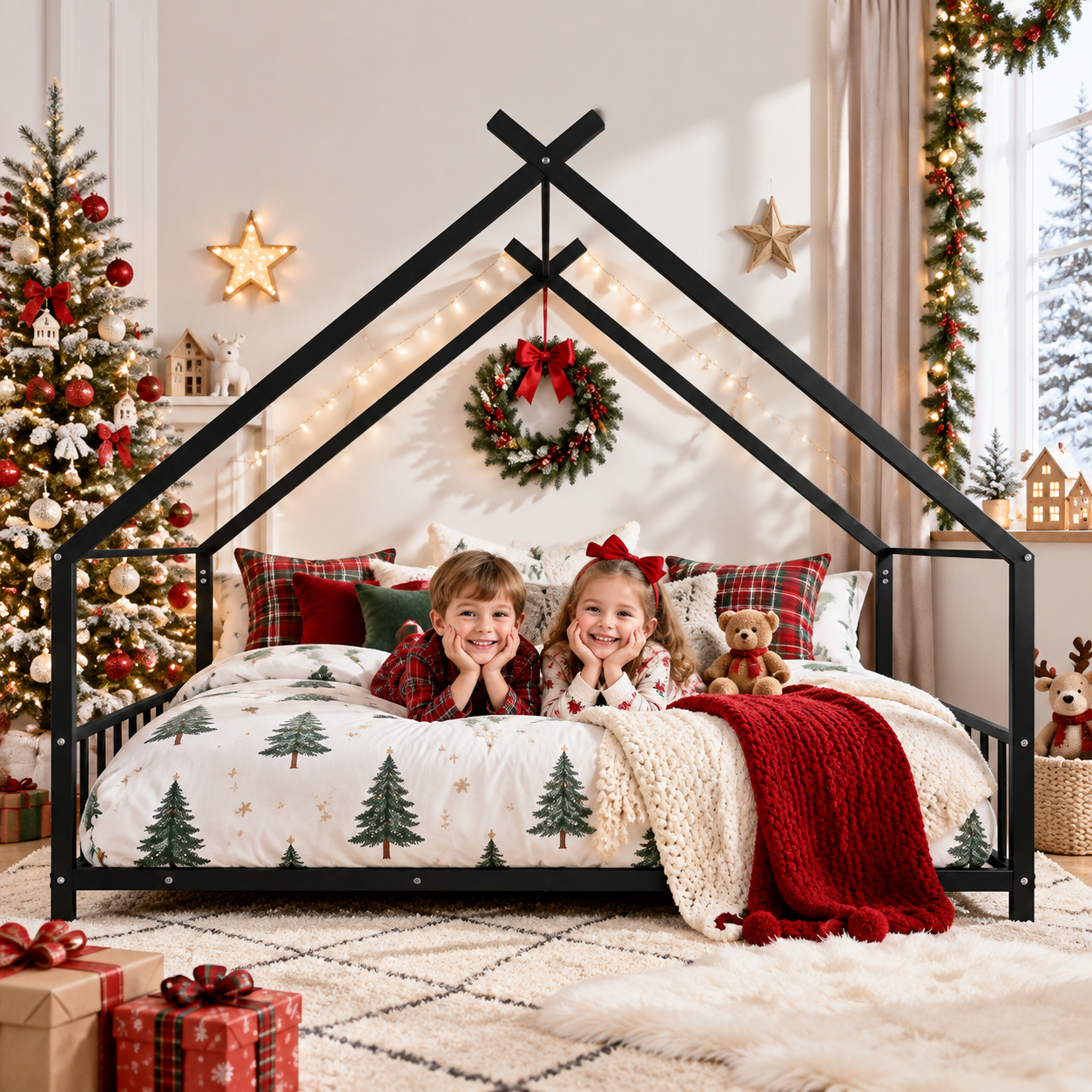 SESSLIFE Twin House Bed Frame, Low Profile Floor Bed with Roof Frame, Montessori Metal Platform Bed with Slats, No Box Spring Needed, 250 lb, Pink