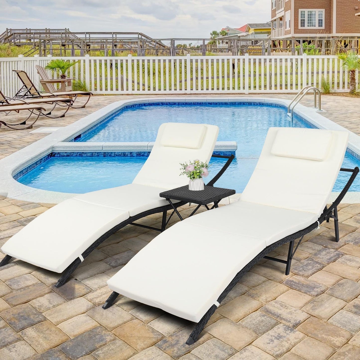 Patio Lounge Chairs Set of 3, Rattan Chaise Chairs with 5 Backrest Angles and Tea Table, Poolside Deck Garden Sun Lounger Reclining Chair Furniture