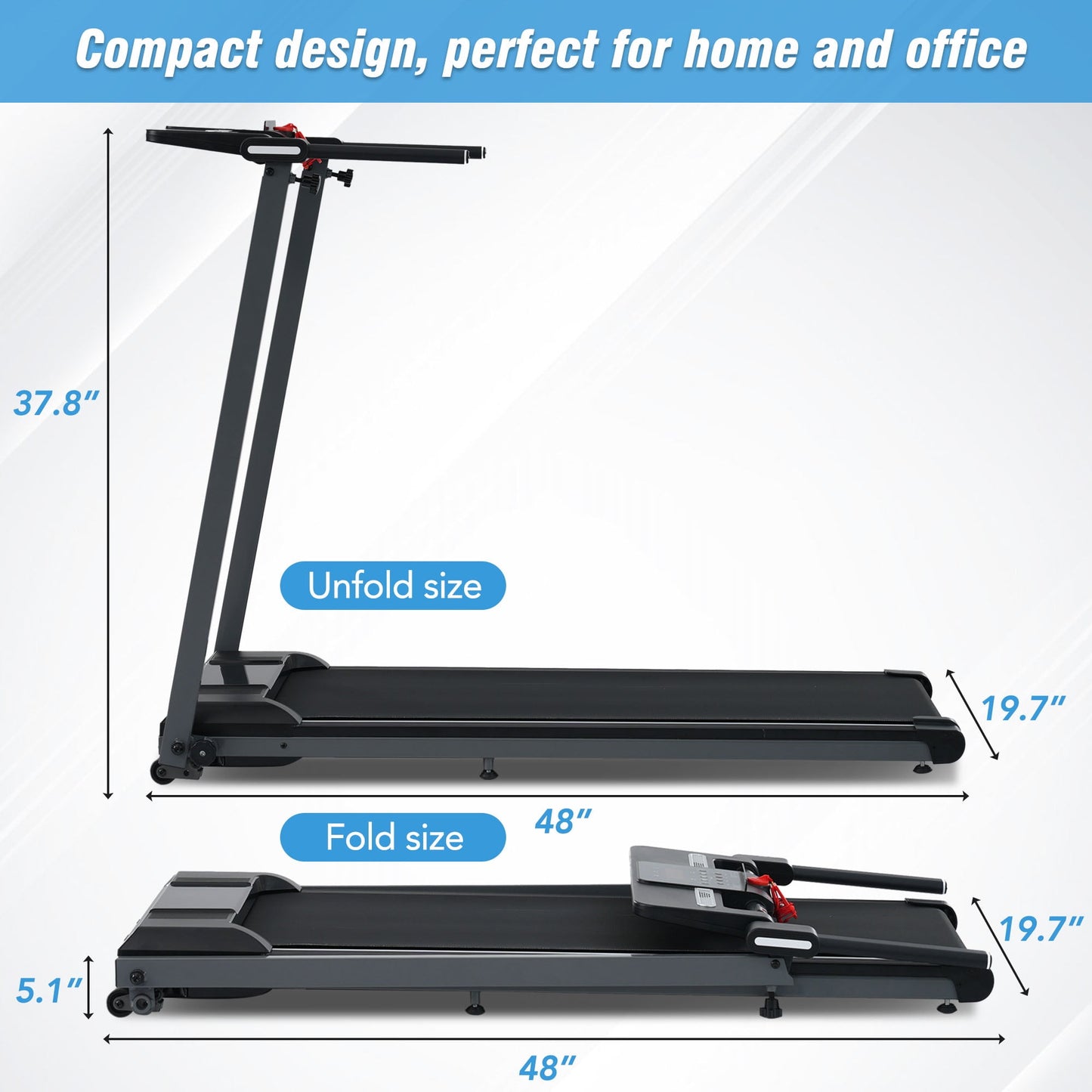 2.5HP Folding Treadmill with Incline, 0.5-7.5 MPH Electric Treadmill with LCD Display, Electric Running Machine, Home Office Gym Portable Treadmill, Max 265 LB