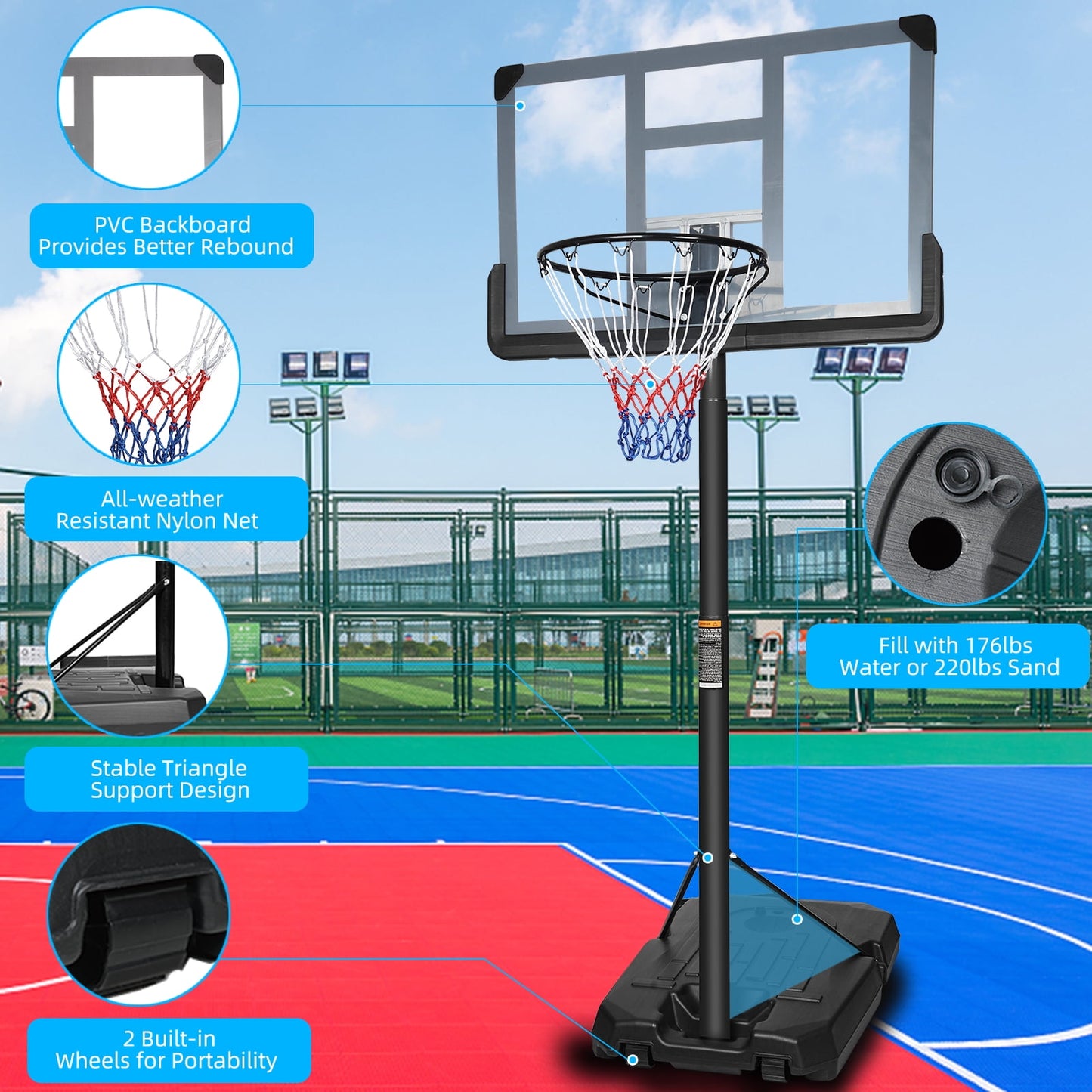 10ft Outdoor Basketball Hoop, Sesslife Portable Basketball Hoops and Goal for Adults Teens, 6.6 ft-10ft Adjustable Basketball Court with 42 Inch Backboard and Wheels, Removeable Basketball System
