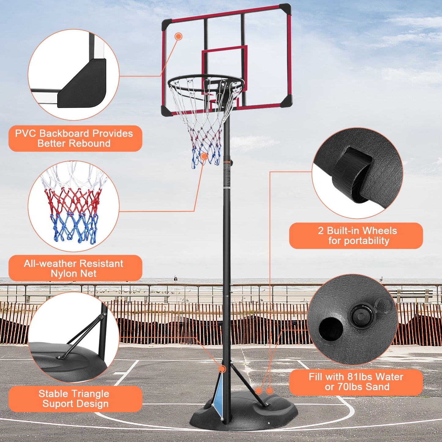 10ft Basketball Hoop, Portable Basketball Hoops and Goal for Adults Teens, 7.5ft -9.2ft Adjustable Basketball Court with 32 Inch Backboard and Wheels, Removeable Basketball System