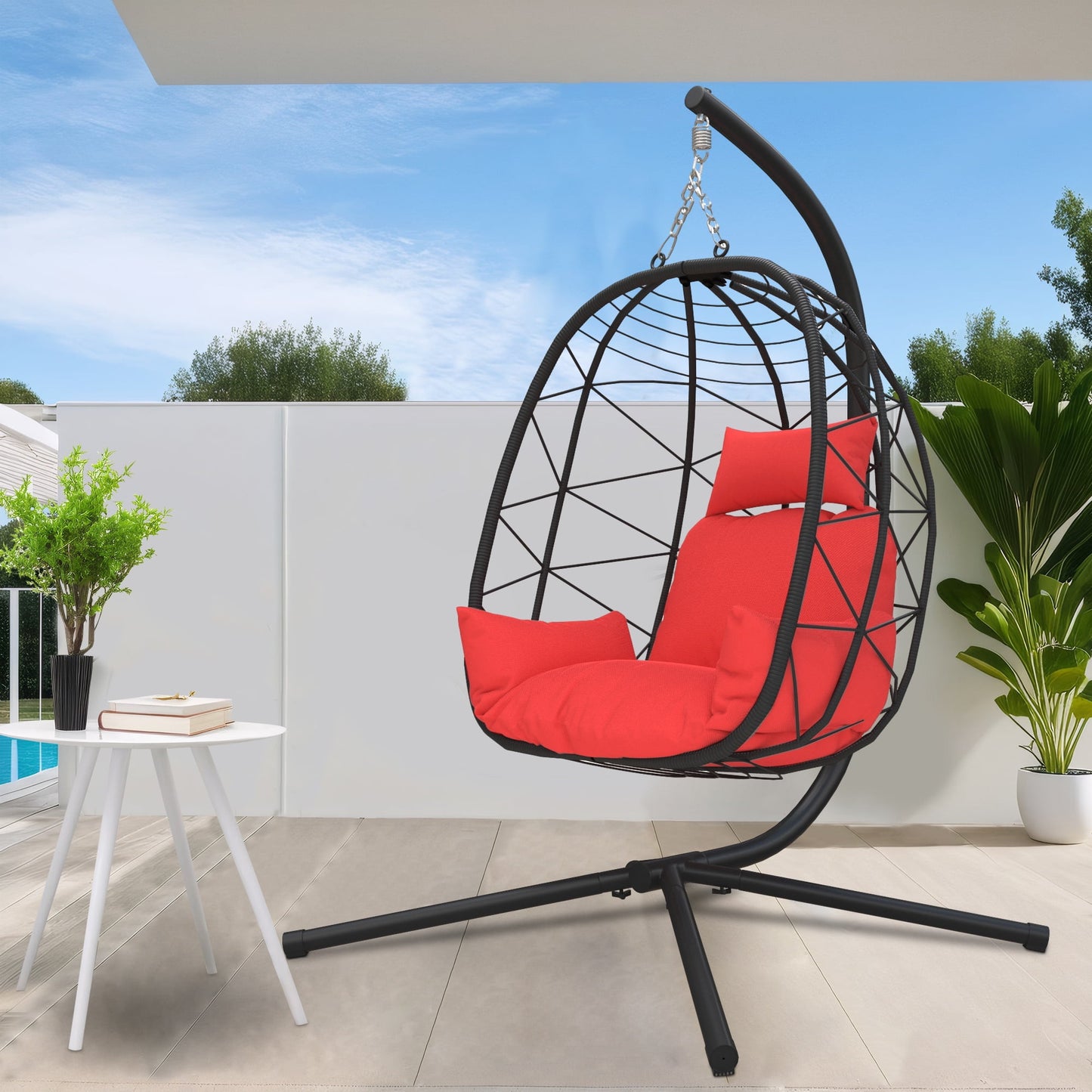 Outdoor Egg Chair, Patio Wicker Swing Egg Chair with Stand, Aluminum Frame Hanging Chair with Soft Cushion and Pillow for Bedroom Patio Balcony