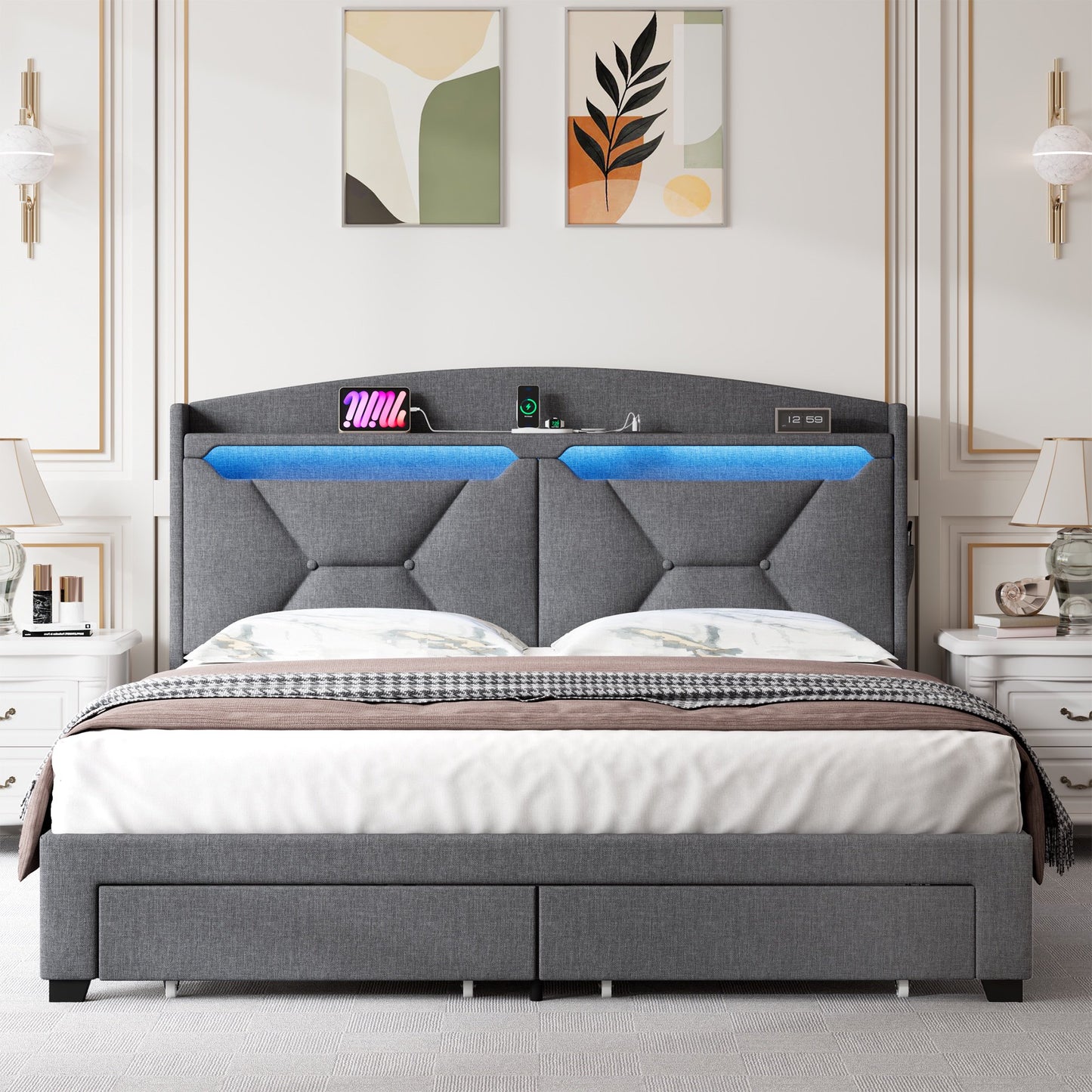 Sesslife Full Size Bed Frame with LED Storage Headboard, Upholstered Platform Bed with 2 Drawers, Charging Station and Side Pocket, Strong Wooden Slats Support, No Spring Box Needed, Beige