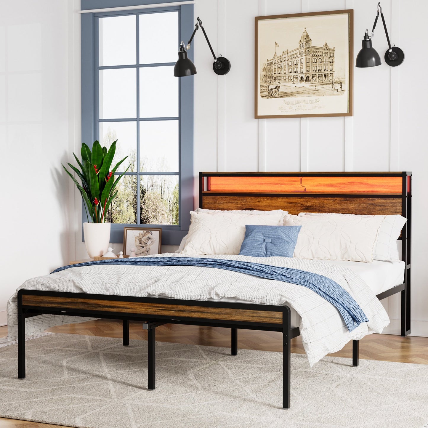 Sesslife Full Size Bed Frame with 2-Tier Wood Headboard, Metal Platform Bed Frame with LED Lights and Charging Station, Modern Bed Frame Full with Large Underbed Storage, No Box Spring Needed, Brown