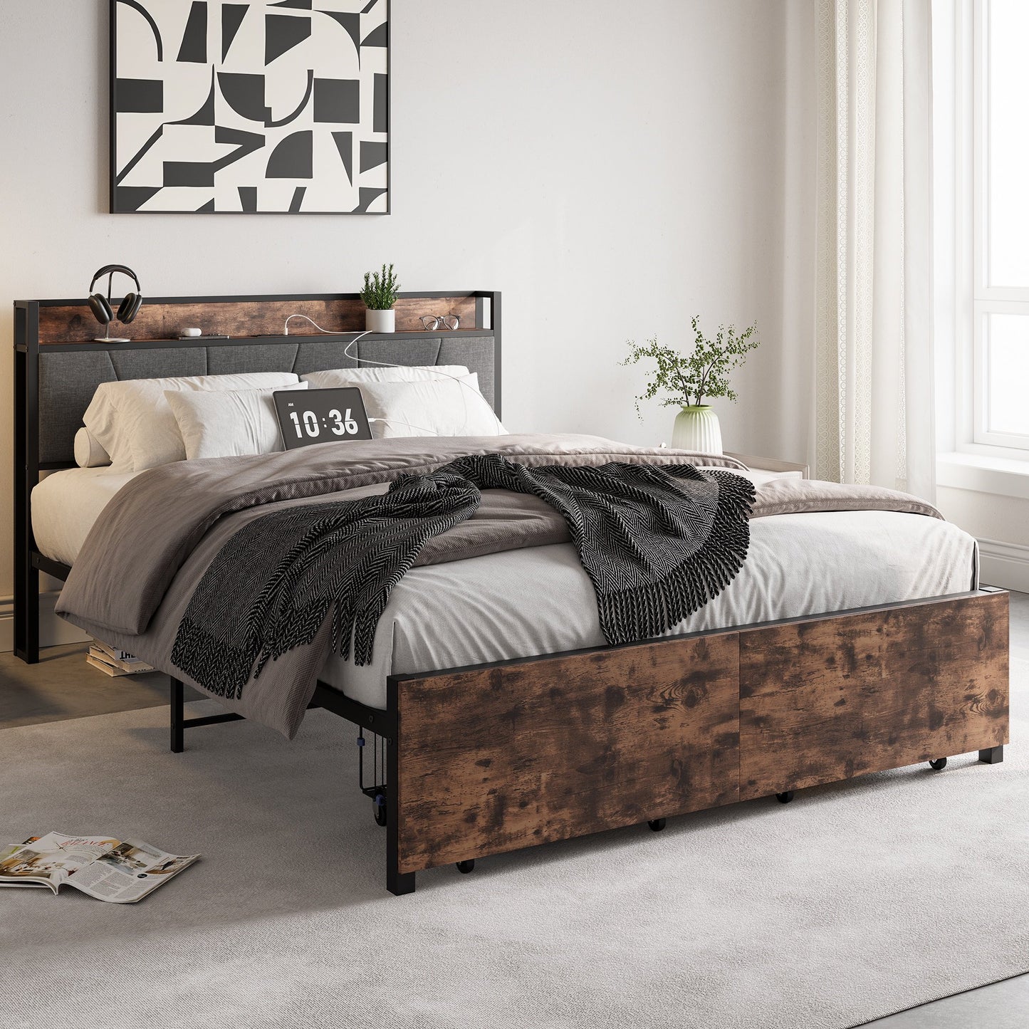 Sesslife Full Size Bed Frame with Upholstered Storage Headboard, Industrial Metal Platform Bed with 2 Drawers and Charging Station, Large Underbed Storage, No Spring Box Needed, Gray