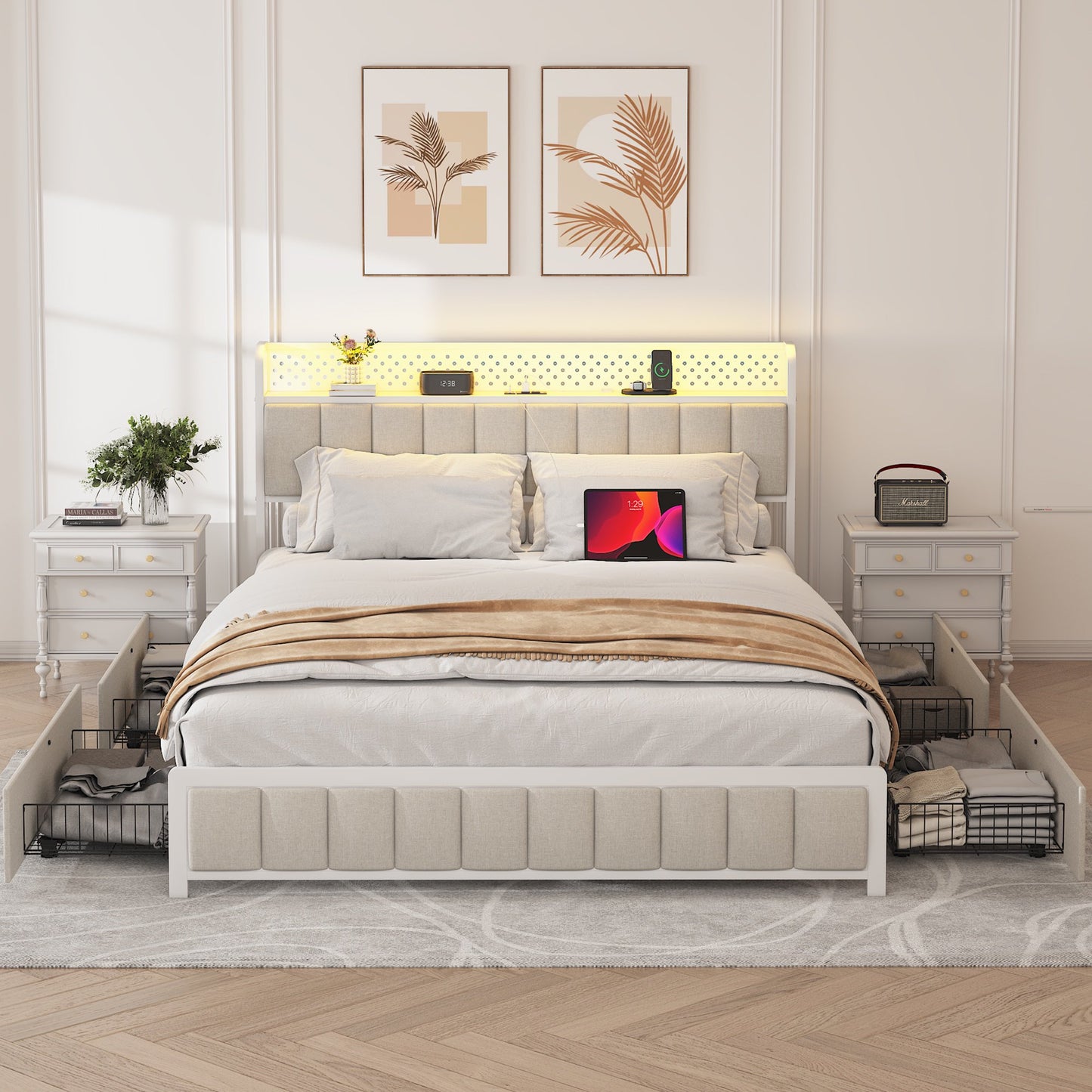 Sesslife Full Bed Frame with 4 Storage Drawers, LED Bed Frame with Upholstered Headboard and Charging Station, Heavy-Duty Metal Platform Bed with Strong Slats Support, No Box Spring Needed, Beige