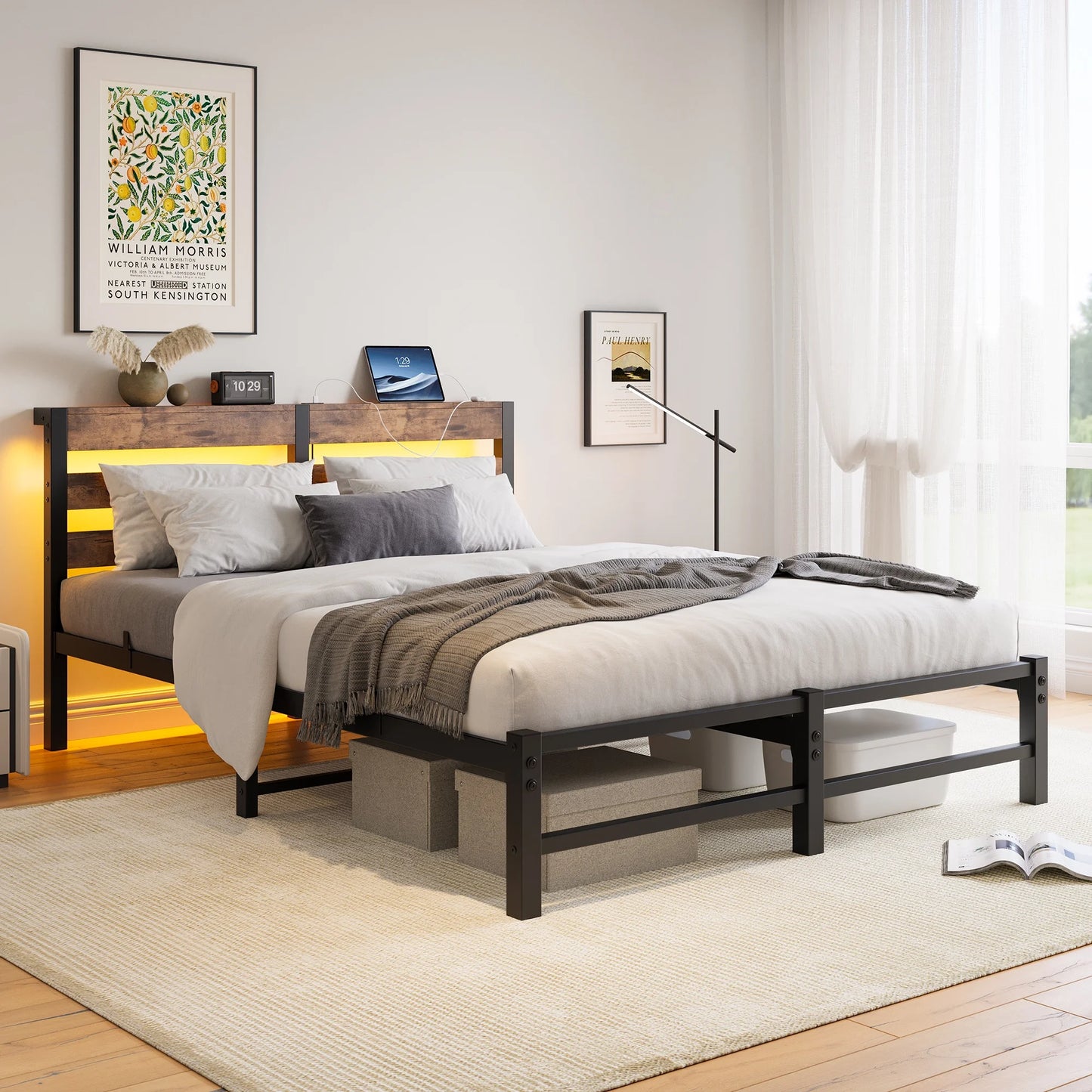 Sesslife LED Bed Frame Full Size with Wood Storage Headboard, Heavy Duty Metal Platform Bed with Charging Station, Full Bed frame with Large Underbed Storage, No Box Spring Needed, Brown