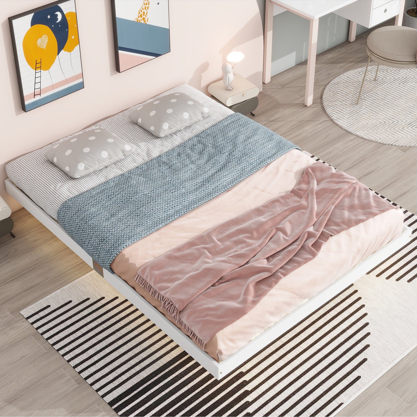 Sesslife Full Size Floating Bed Frame with LED Lights Underneath, Modern Low Profile Wood Platform Bed, Full Bed with Strong Slats Support, Easy Assembly, Noise Free, No Box Spring Needed, Gray