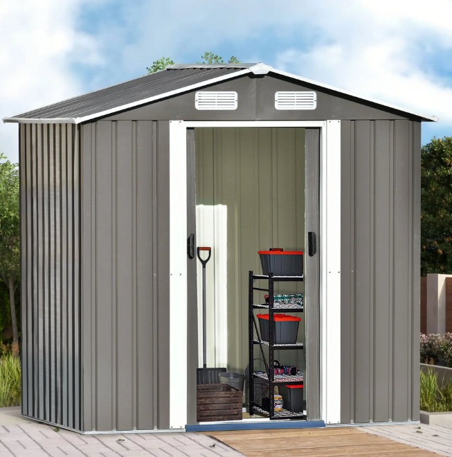 Sesslife 6' x 4' Outdoor Storage Shed, Patio Galvanized Steel Metal Shed with Sliding Doors, Garden Shed with Floor Frame and Vents for Tools, Lawn Mover, Bike, Gray
