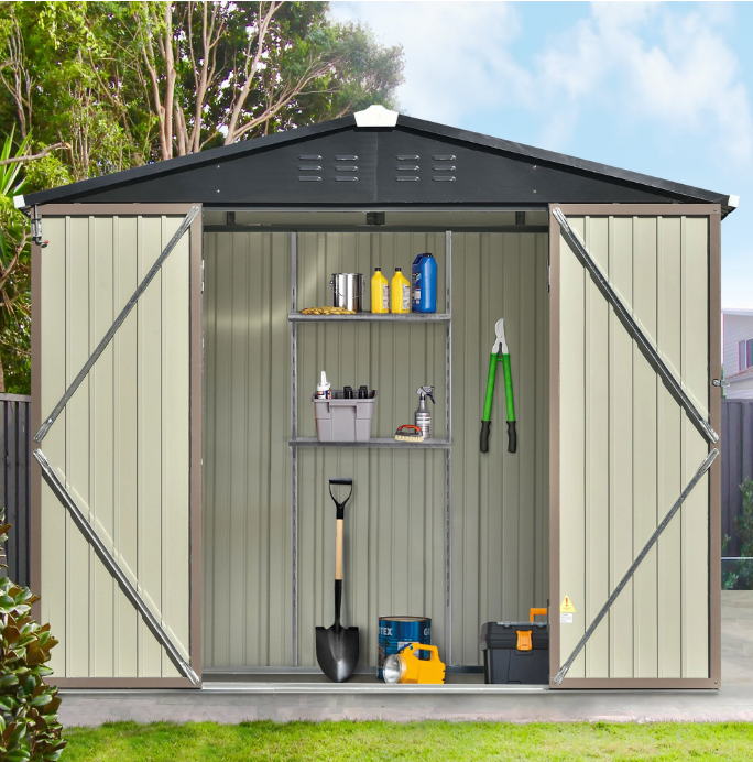 Sesslife 8' x 6' Outdoor Storage Shed, Patio Galvanized Steel Metal Shed with Lockable Doors and Adjustable Shelves, Garden Shed with Floor Frame and Vents for Tools, Lawn Mover, Bike, Brown