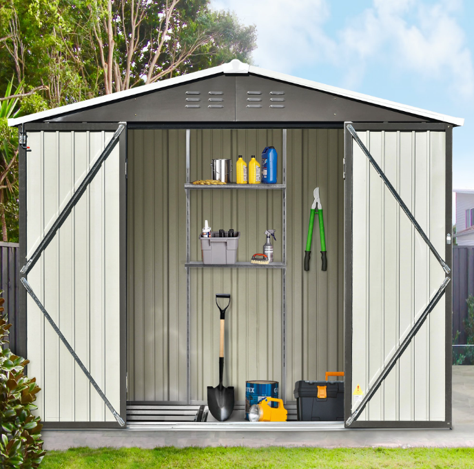 Sesslife 8' x 6' Outdoor Storage Shed, Patio Galvanized Steel Metal Shed with Lockable Doors and Adjustable Shelves, Garden Shed with Floor Frame and Vents for Tools, Lawn Mover, Bike, Gray