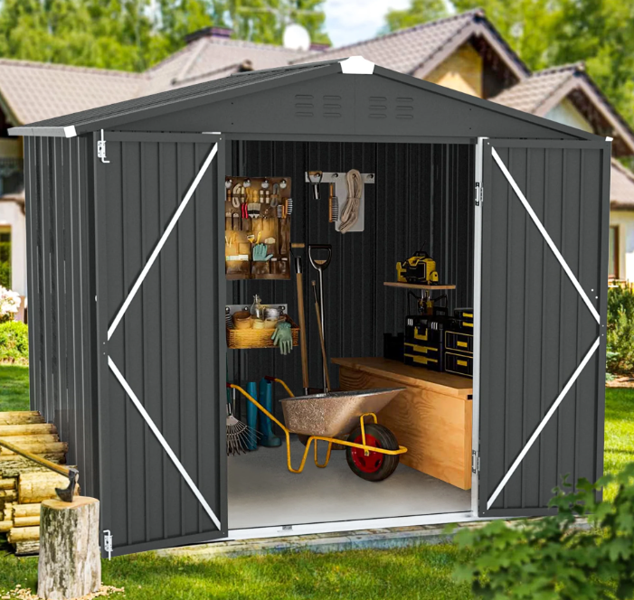 8'x 6' Outdoor Storage Shed, Enyopro Metal Tools Storage Shed with Lockable Door, Garden Storage Shed, Pet House for Lawnmower, Garden Tools, Bike, Garage