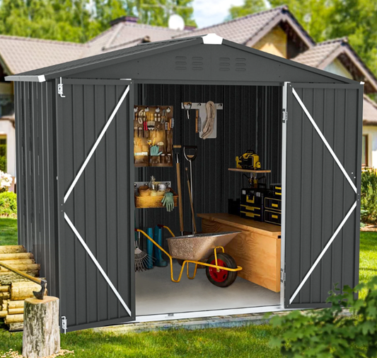 8'x 6' Outdoor Storage Shed, Enyopro Metal Tools Storage Shed with Lockable Door, Garden Storage Shed, Pet House for Lawnmower, Garden Tools, Bike, Garage