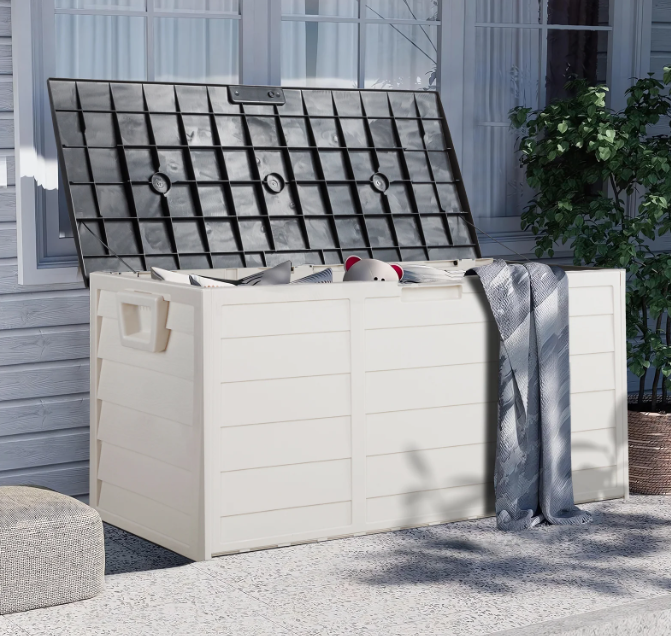 Enyopro 75 Gallon Deck Box, Organization and Storage Box for Patio Furniture Outdoor Cushions, Throw Pillows, Garden Tools and Pool Toys, White