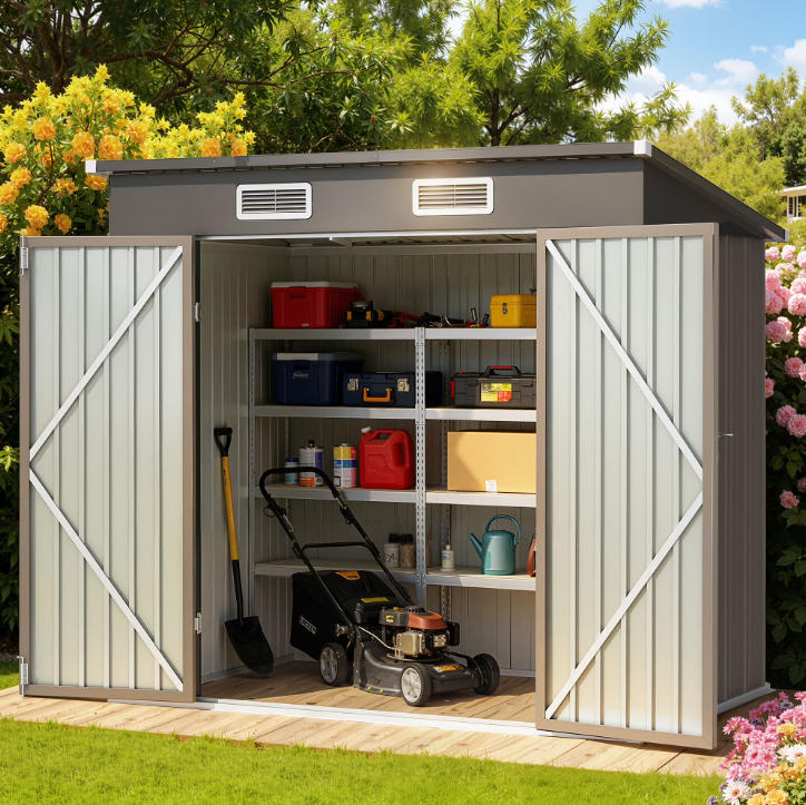 6' x 4' Storage Shed, Galvanized Metal Outdoor Shed with Lockable Door, Light Gray Outdoor Storage House for Garden & Backyard, Brown